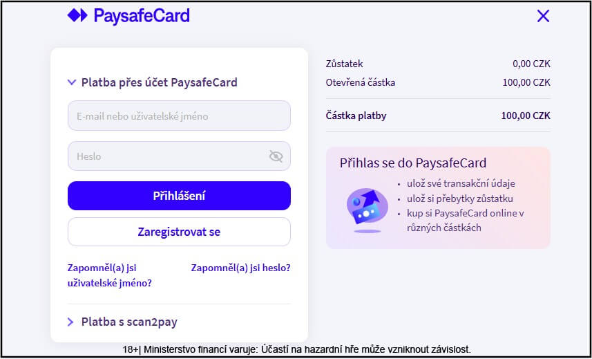 Přihlaste se do účtu Paysafecard a&nbsp;učiňte vklad