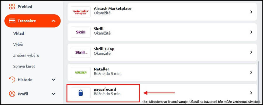 Nejdříve vyberte v&nbsp;sekci Vklad metodu Paysafecard