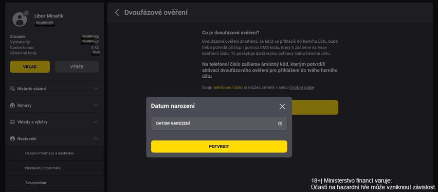 Nastavení dvoufázového ověření účtu v&nbsp;online casinu Fortuna