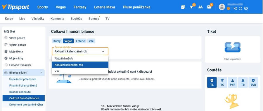 Sekce bilance sázení v&nbsp;herním účtu Tipsport
