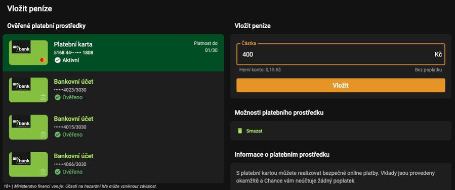 Vklad platební kartou v casinu