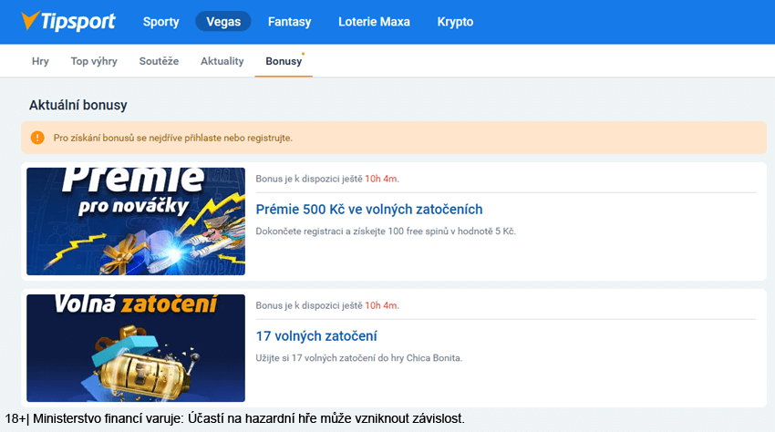 Zapojte se do promo akcí a získejte Tipsport bonus ve free spinech nebo peněžní odměny