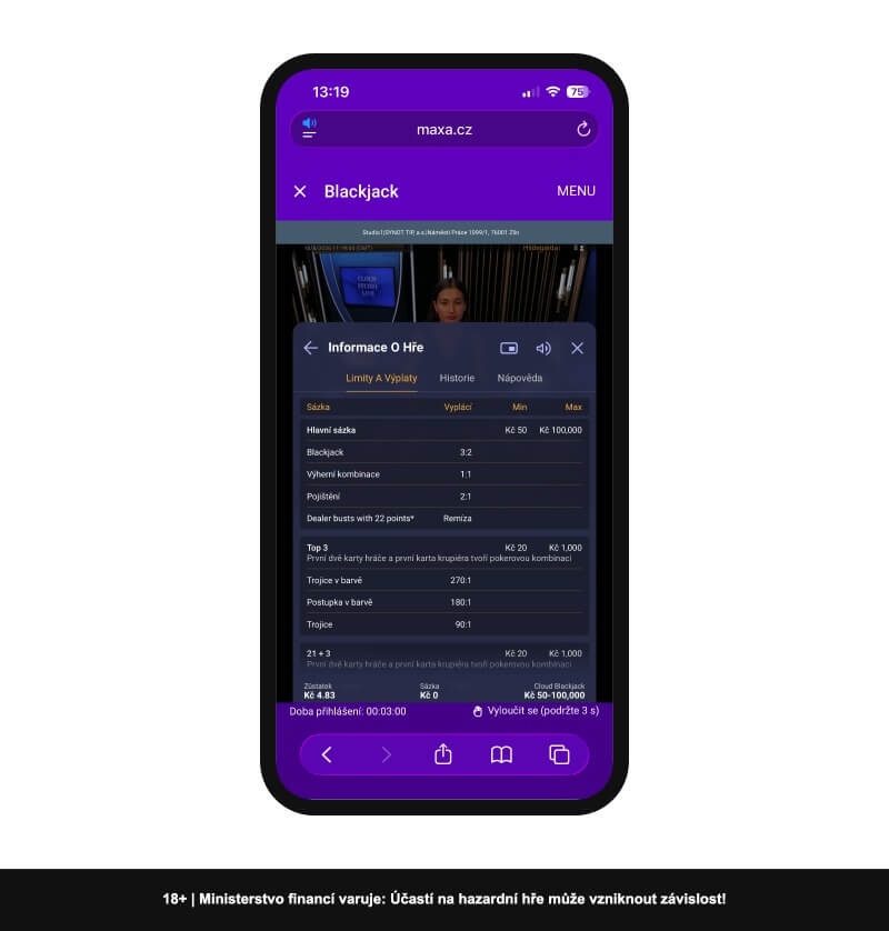Informace o&nbsp;live blackjacku – výplaty a&nbsp;limity sázek