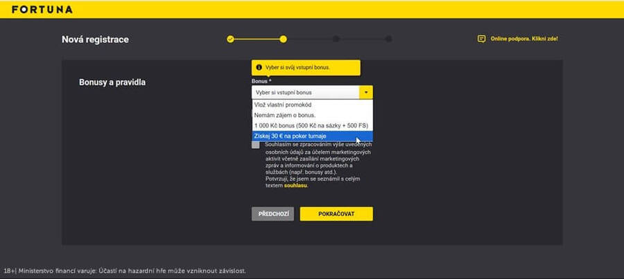 Fortuna promo kód - výběr bonusu v registračním formuláři