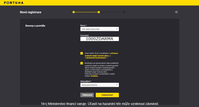Fortuna promo kód použitelný při registraci