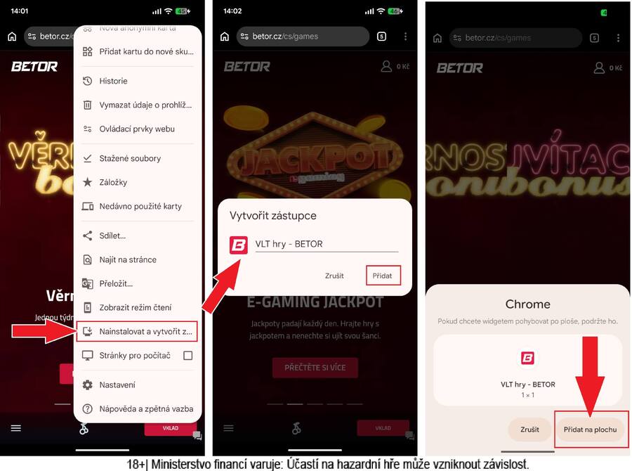 Návod pro přidání ikony online casina Betor