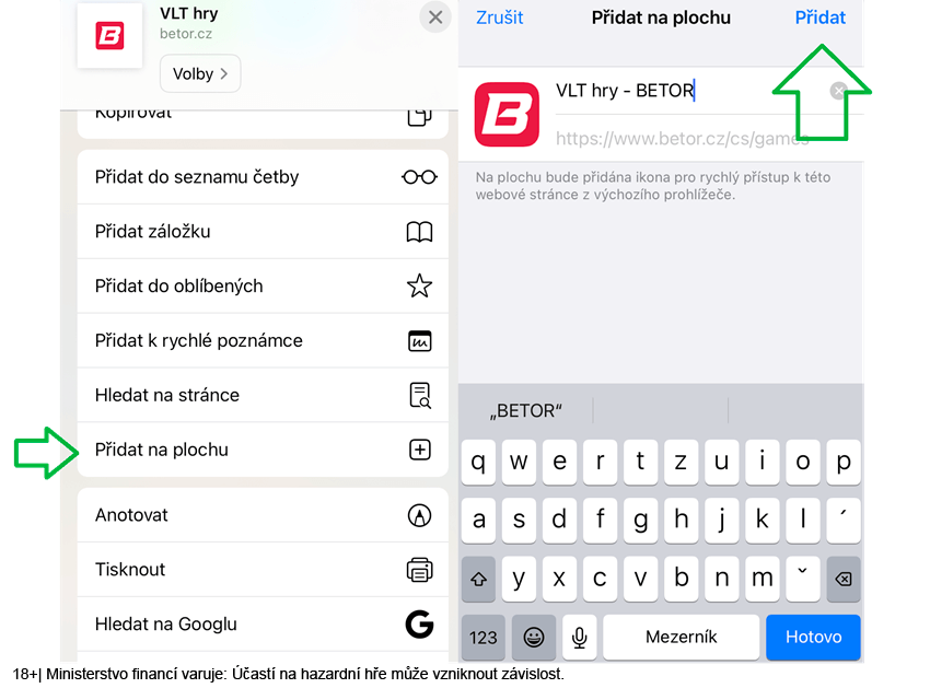 Návod pro přidání ikony online casina Betor na plochu iOS