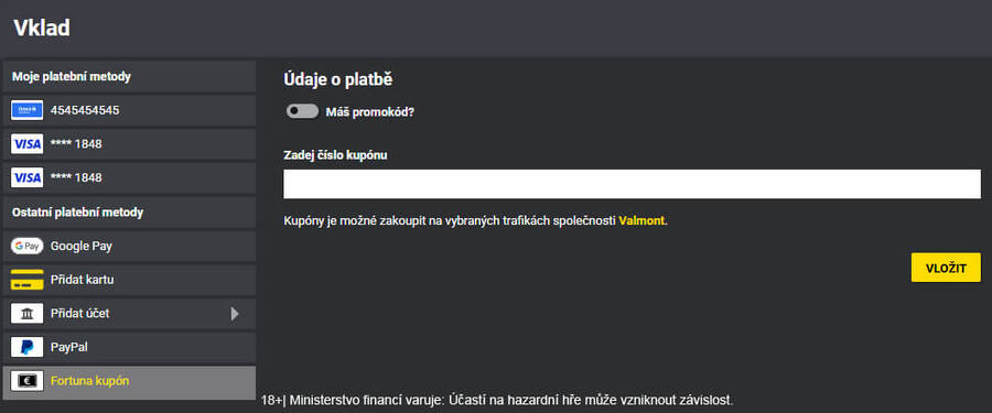 Fortuna kupón SMS: vkládejte do casina anonymně