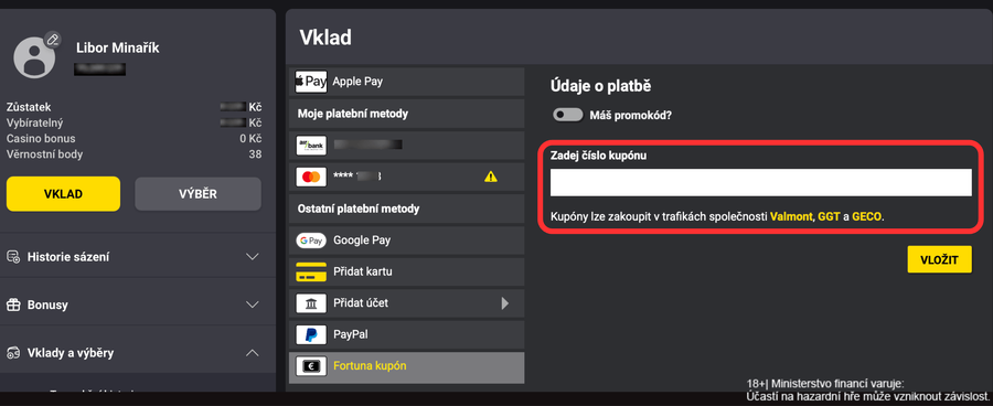 Zadání kódu Fortuna kupónu v&nbsp;sekci Vklady