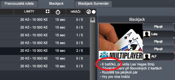 Počet balíčků karet v blackjacku