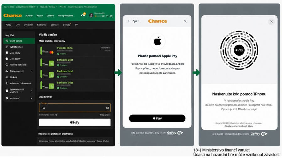 Postup vkladu do casina Chance přes Apple Pay