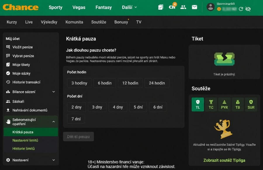 Nastavení sebeomezujících opatření v&nbsp;online casinu Chance