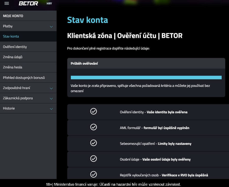 Betor - stav konta po dokončení registrace