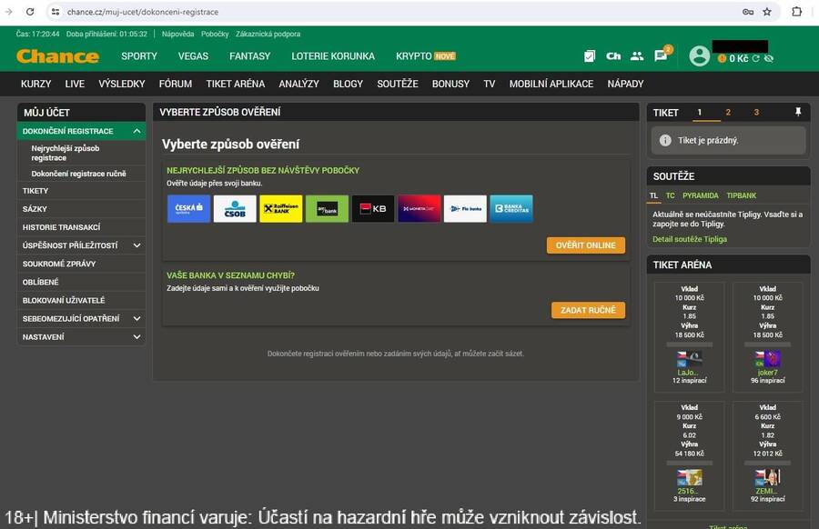 Chance online registrace a ověření totožnosti přes banku