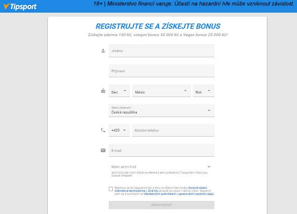 Tipsport Vegas - registrační formulář