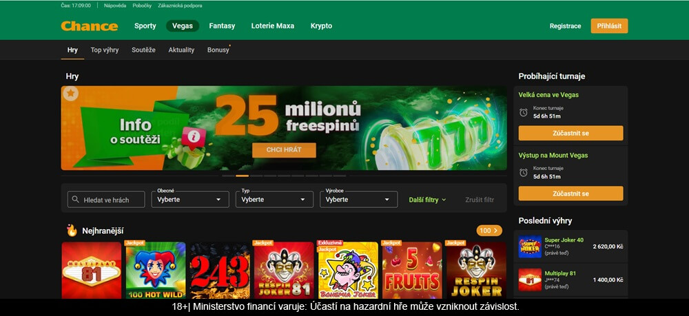 Přehledný jednoduchý web je jedna ze silných stránek Chance Vegas