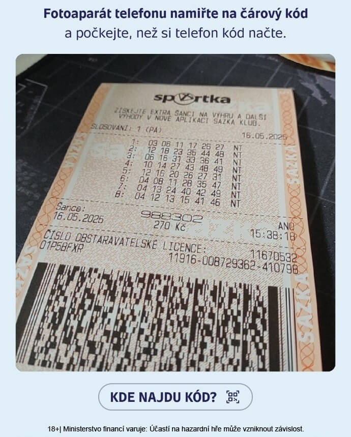 Kontrolu tiketu Sazka loterií provedete jednoduše pomocí mobilní aplikace.