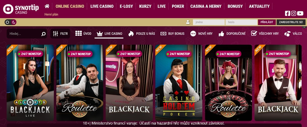 SYNOT TIP live casino má velký výběr nonstop stolů