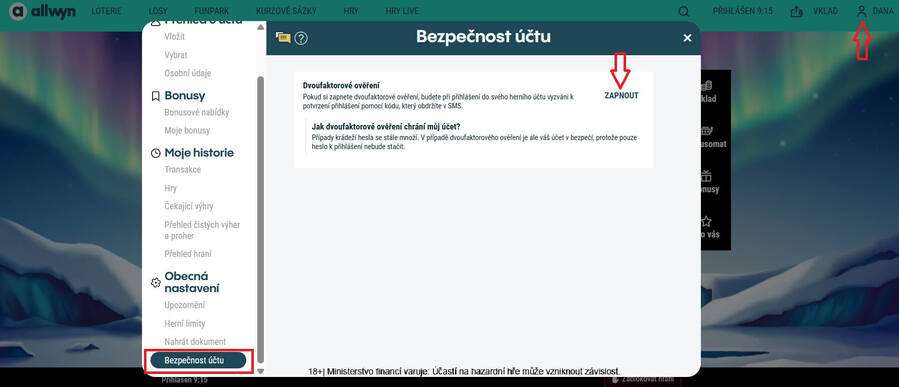 Casino nabízí při přihlášení do online herního účtu dvoufaktorové ověření.