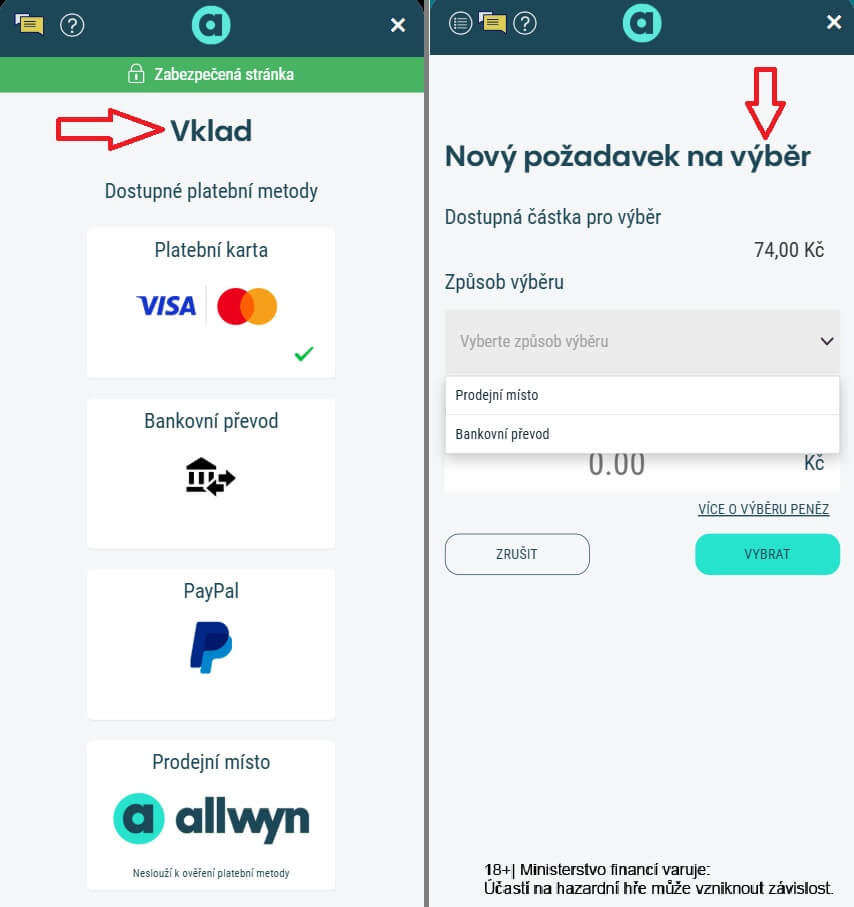 Vklady a&nbsp;výběry u&nbsp;Sazka Her