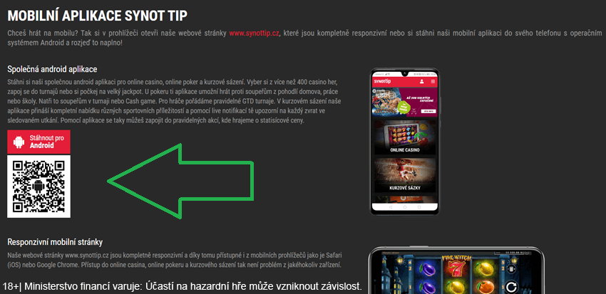 Odkaz a QR kód ke stažení aplikace v online casinu SYNOT TIP