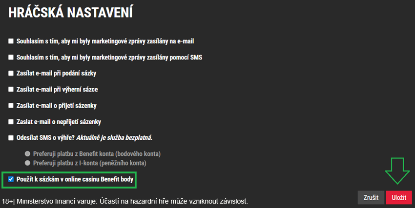 Pro využití Benefit bodů u SYNOT TIPu je potřeba zaškrtnout políčko „Použít k sázkám v online casinu Benefit body“.