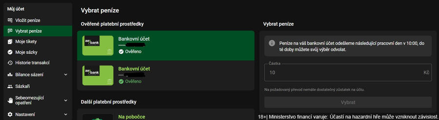 Výběr financí z herního konta Chance