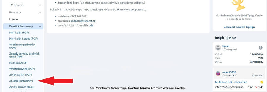 Formulář ke zrušení herního účtu Tipsport