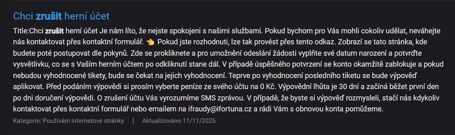 Zrušení účtu Fortuna: krok 3