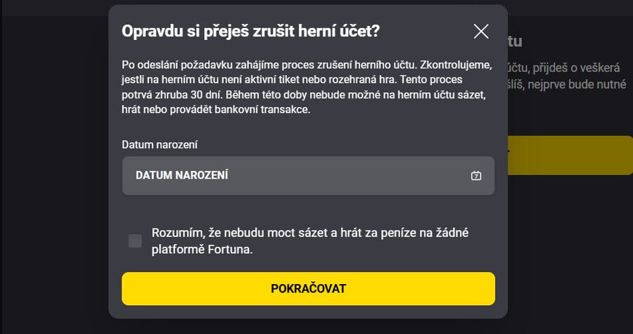 Zrušení účtu Fortuna: krok 6