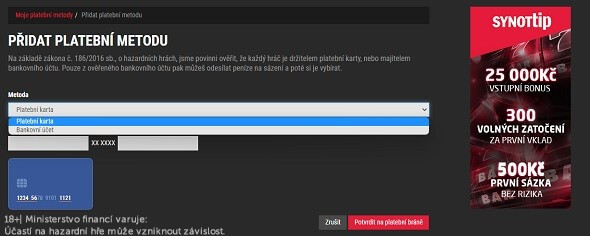 Přidání platební metody - SYNOT TIP