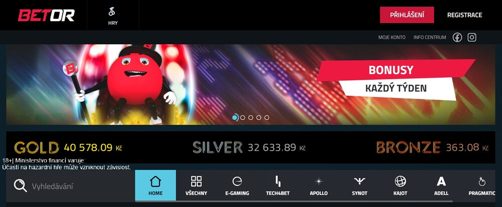 Betor casino má velmi přehledné webové stránky