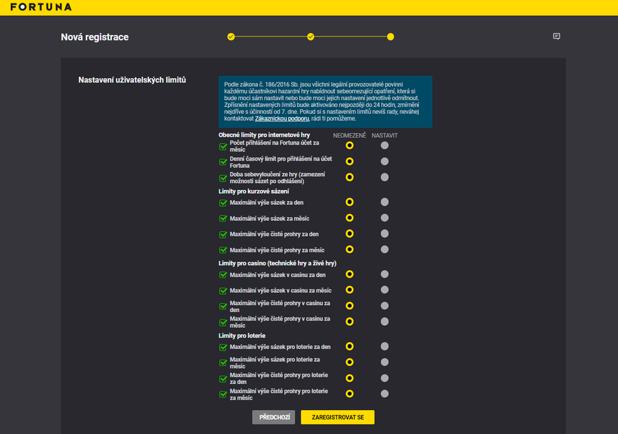 Nastavení herních limitů při registraci ve Fortuně