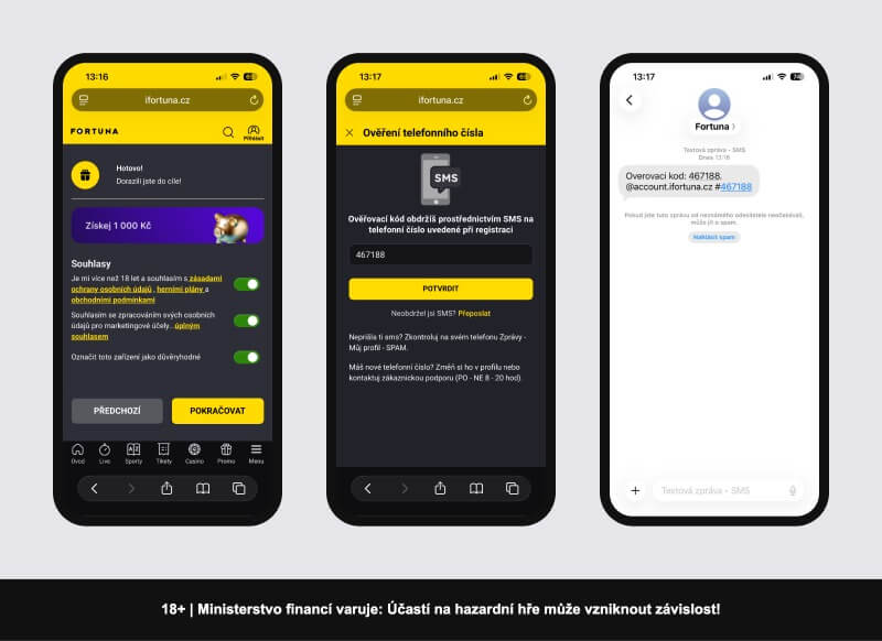 Ověření telefonního čísla při registraci u&nbsp;Fortuny