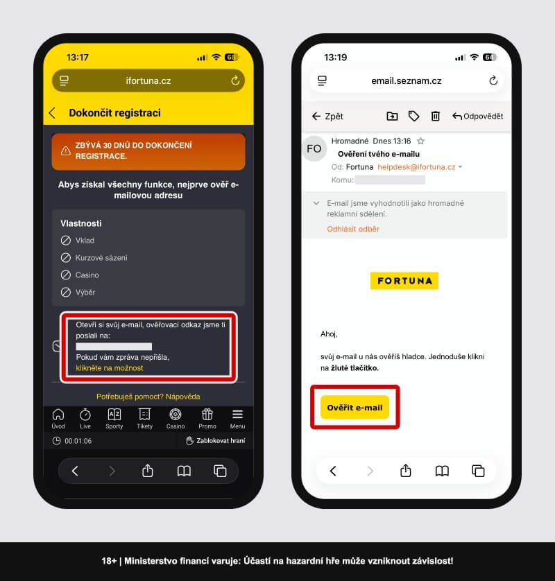 Ověření e-mailové adresy při registraci u&nbsp;Fortuny