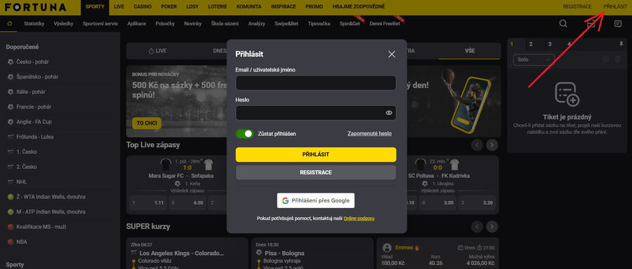 Přihlášení k&nbsp;hernímu účtu Fortuna casino