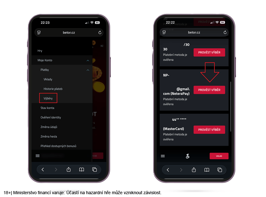 Betor SMS platba – výběr na Netera peněženku