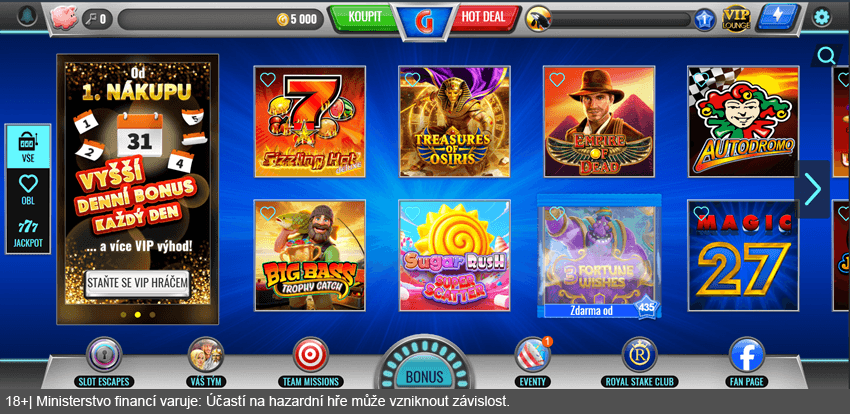 Úvodní obrazovka Gaminator s&nbsp;herní nabídkou