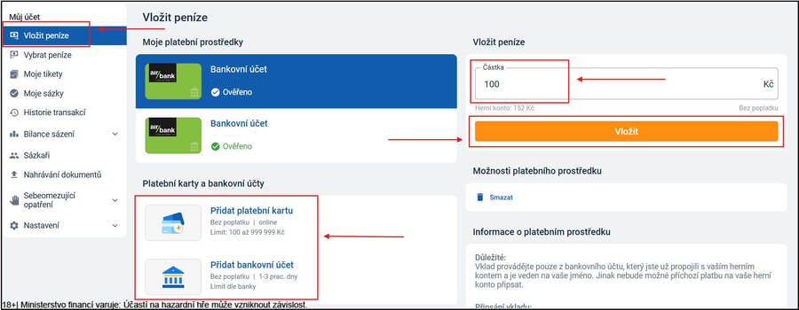 Tipsport přidání platební metody