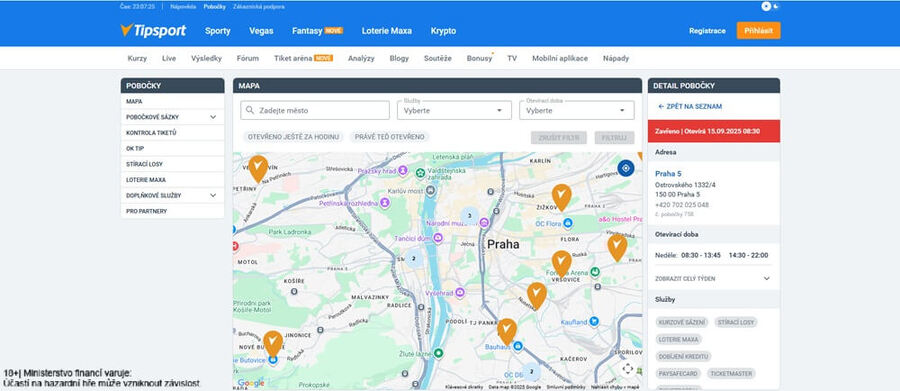 Stačí zadat město a nejbližší pobočka Tipsportu se vám zobrazí obratem