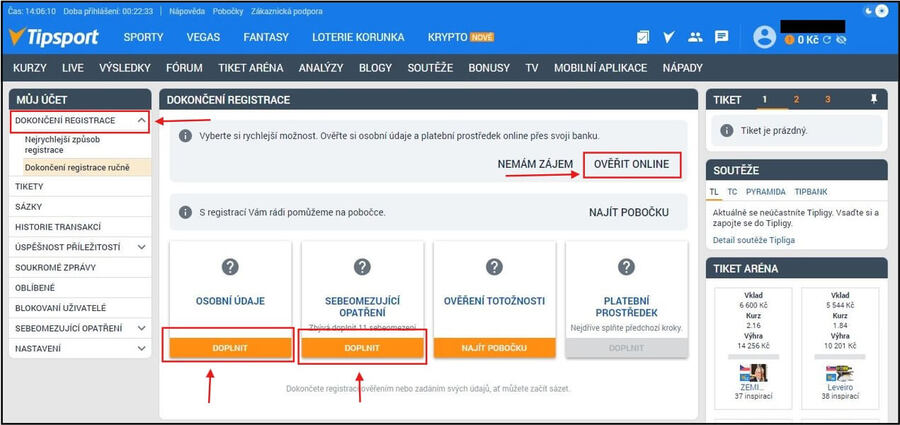 Tipsport dokončení registrace