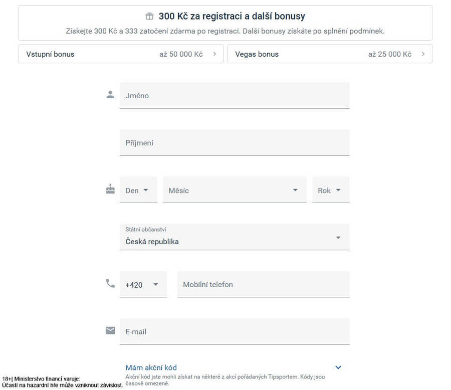 Úvodní registrační formulář Tipsportu