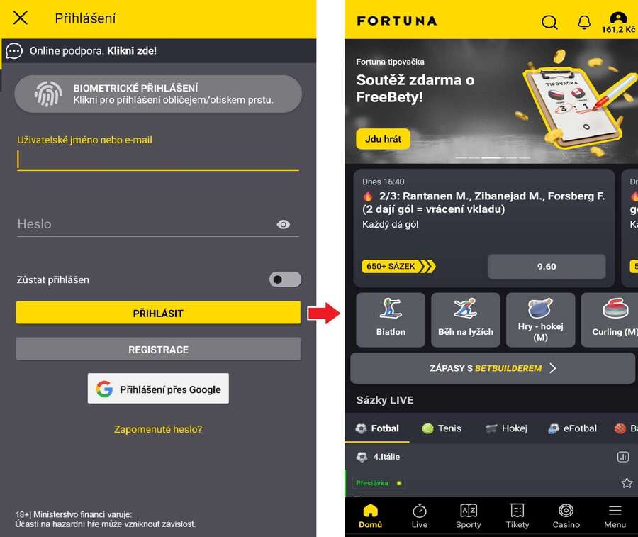 Přihlášení do Fortuna aplikace a&nbsp;úvodní obrazovka mobilní aplikace