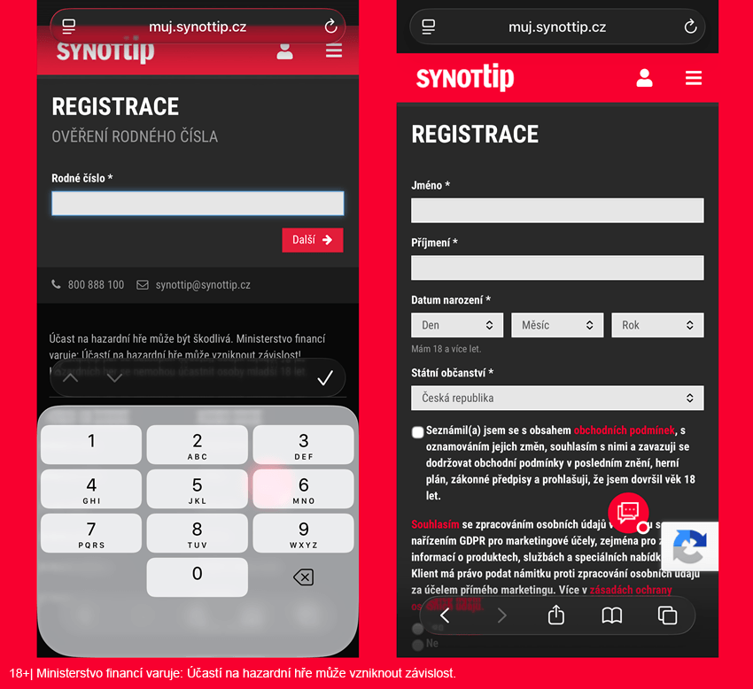 Ruční registrace SYNOT TIP na mobilním telefonu