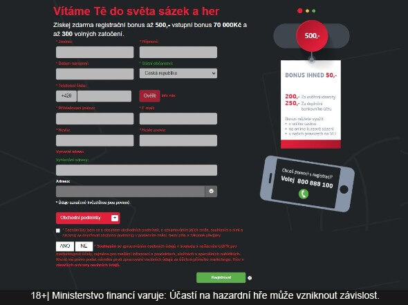Registrační formulář u SYNOT TIPu v roce 2022