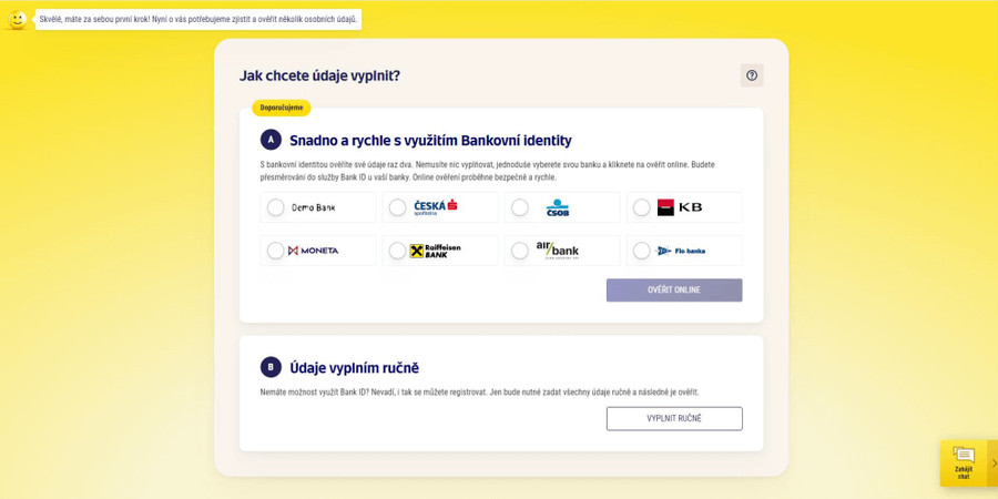 Osobní údaje můžete zadat ručně nebo pomocí banky
