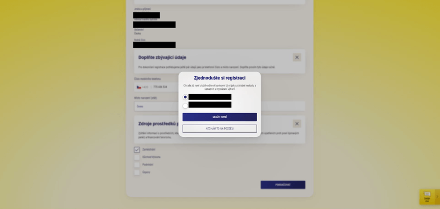 Vyplňte zdroj příjmů a případně potvrďte bankovní účet