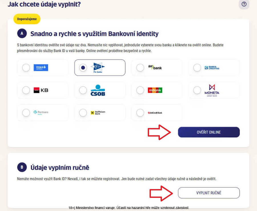 Vaše údaje vyplňte ručně nebo automaticky přes Bank ID