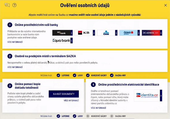 Online ověření osobních údajů u Sazka Her