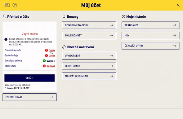 Ověření platební metody u Sazka Her